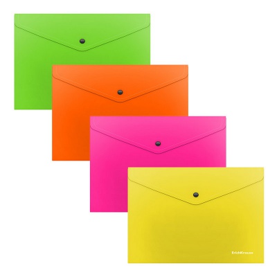 Папка-конверт на кнопке пластиковая ErichKrause Glossy Neon, полупрозрачная, A5+, ассорти